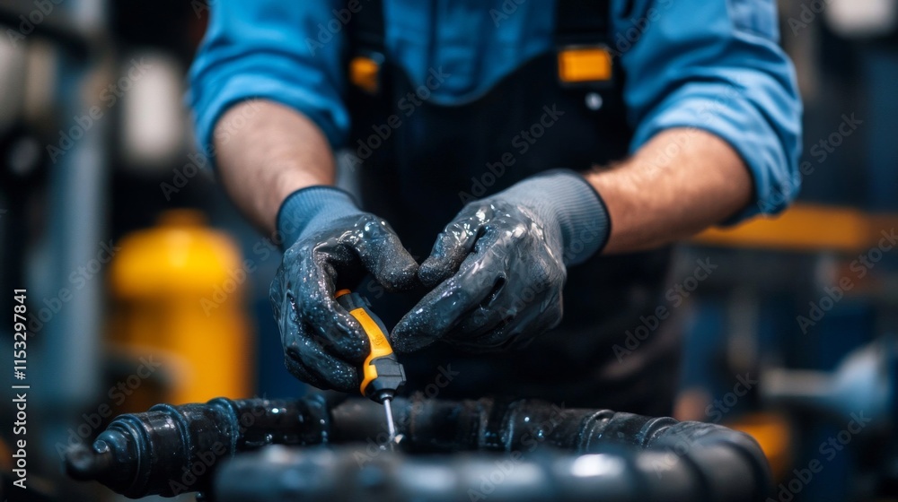 Mechanic Carefully Using A Screwdriver On Engine Mechanic Carefully Using A Screwdriver On Engine