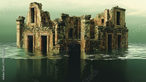 Enchanting underwater fantasy ancient ruins covered in seaweed photo