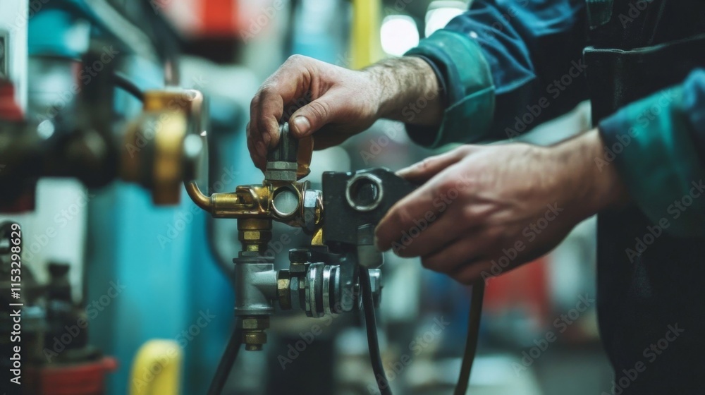 Worker Adjusting Industrial Valve System Components Worker Adjusting Industrial Valve System Components