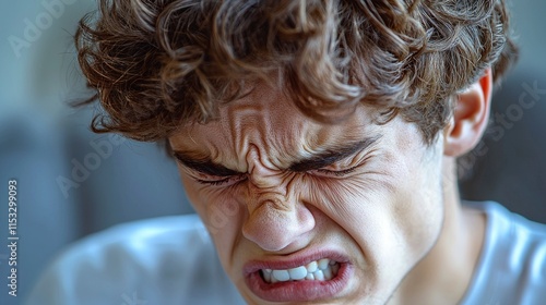 Close-up of a young man's face with curly hair wincing in pain. Useful for health, medicine, and emotional expression applications. photo