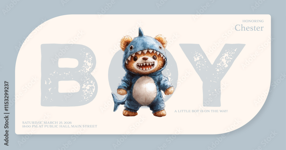 Fototapeta premium Baby Boy Shower Invitation with Shark-Themed Teddy Bear in Soft Blue Design, Baby Shower Invitation Card