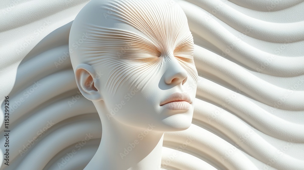 A serene white sculpture with closed eyes and textured skin creates a tranquil atmosphere. Ideal for wellness and beauty brands or spiritual art. A serene white sculpture with closed eyes and textured skin creates a tranquil atmosphere. Ideal for wellness and beauty brands or spiritual art.