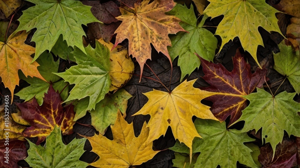Autumn maple leaves in vibrant red, orange, and yellow colors, close-up of seasonal foliage Autumn maple leaves in vibrant red, orange, and yellow colors, close-up of seasonal foliage