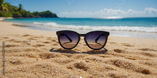 Wallpaper Mural Relaxing summer vibe with sunglasses lying on sand by seaside Torontodigital.ca