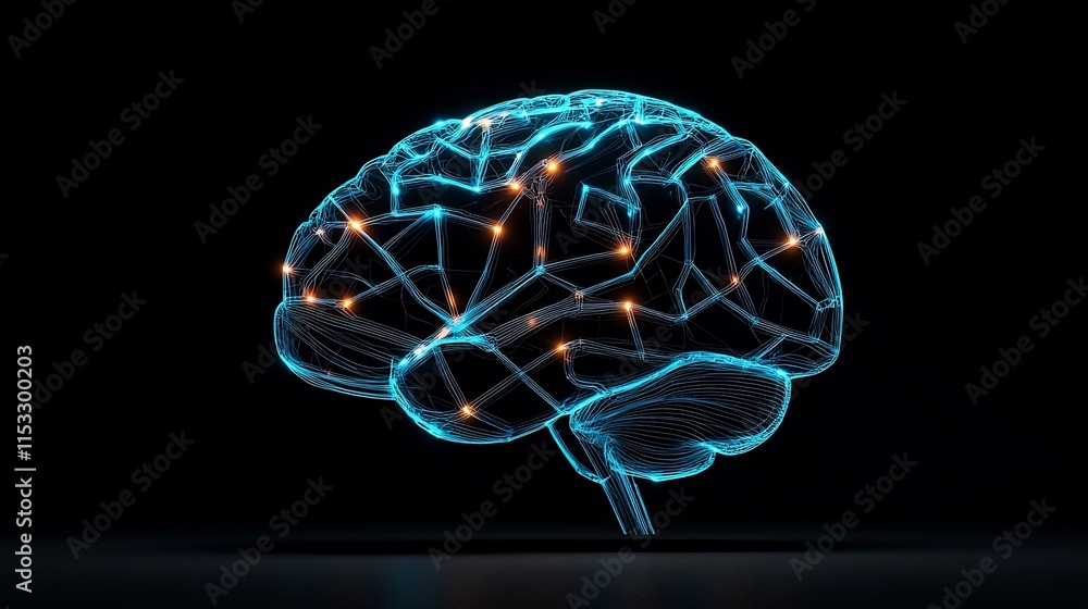Glowing wireframe human brain model on dark background. Glowing wireframe human brain model on dark background.