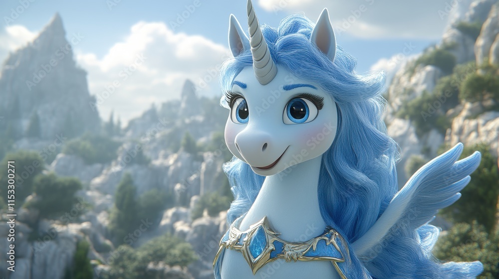 Fototapeta premium Cute light blue winged unicorn in a fantasy landscape.