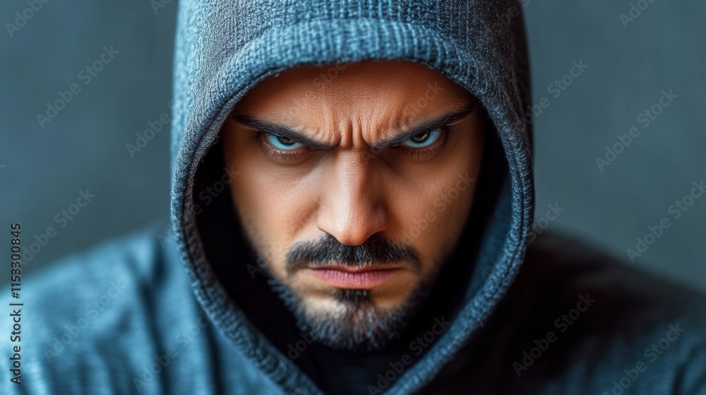 Angry man in a hoodie, intense stare. Angry man in a hoodie, intense stare.