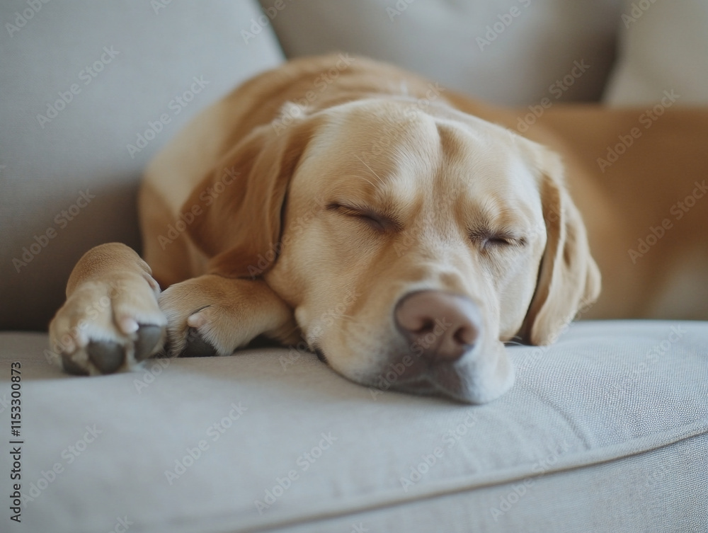 Obraz premium Labrador Retriever Sleeping on Modern Couch Close Up