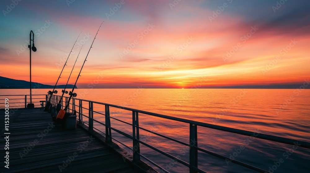 Obraz premium A serene sea fishing scene at sunrise on a tranquil pier, Fishing rods set for early morning catch, Pier tranquility style