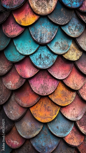 Wallpaper Mural Colorful, overlapping scales create a textured, artistic surface with vibrant hues and patina. Torontodigital.ca