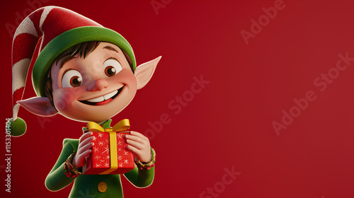 Cartoon elf is holding a red present and smiling
