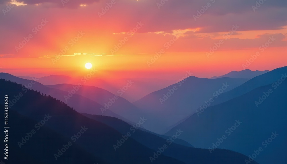 Obraz premium Majestic mountain ranges layered in shades of blue and purple with a vibrant orange sunset sky, creating a tranquil and picturesque landscape with natural beauty concept.