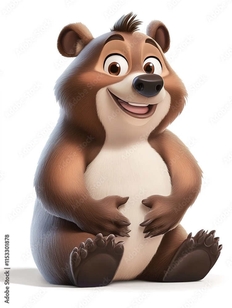 Naklejka premium Cartoon cheerful big brown bear sitting on a white background in 3D graphics style