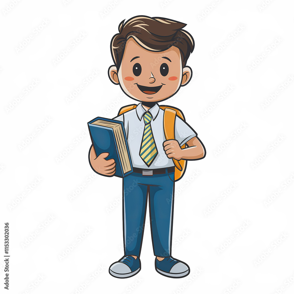 Cheerful boy carrying books, wearing backpack and tie. Cheerful boy carrying books, wearing backpack and tie.