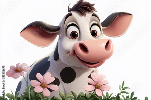 cartoon cow with a smile on a white isolated background in 3D graphics style photo