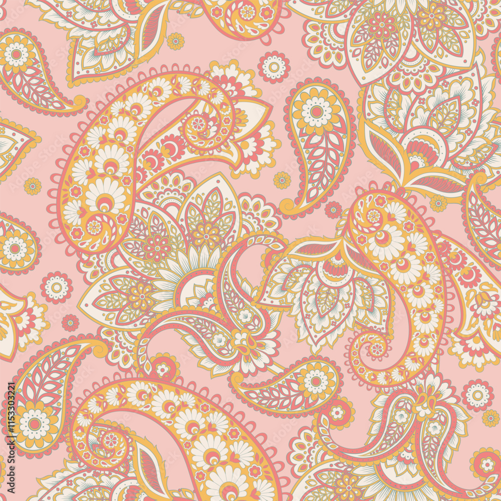 Fototapeta premium Floral paisley seamless pattern. Damask colorful vector textile background