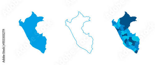 Peru set of three maps - solid map, outline map and map highlighting administrative divisions. Three distinct maps illustrate various representations of a geographical area.