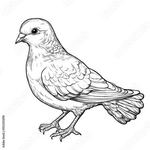 Elegant Dove Illustration: A detailed, hand-drawn illustration of a dove in a classic black and white style, symbolizing peace, hope, and serenity.  