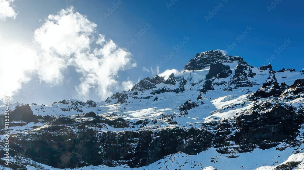 Obraz premium Majestic Snow-Capped Mountain Peak Under a Bright Blue Sky with Fluffy Clouds