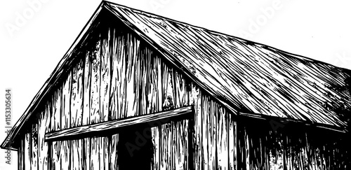 Rustic barn depicted in a detailed woodcut illustration, featuring a weather vane on the roof.