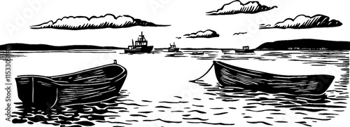 Vintage woodcut illustration capturing a serene bay with fishing boats and fish