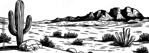 Vintage woodcut illustration showing a cactus in a vast desert landscape