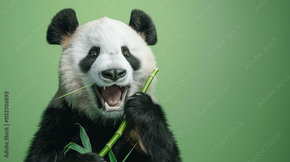 Fototapeta premium A panda bear eating bamboo in front of a green screen.