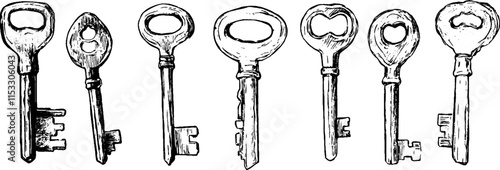 Vintage woodcut illustration of various old key designs and their intricate details
