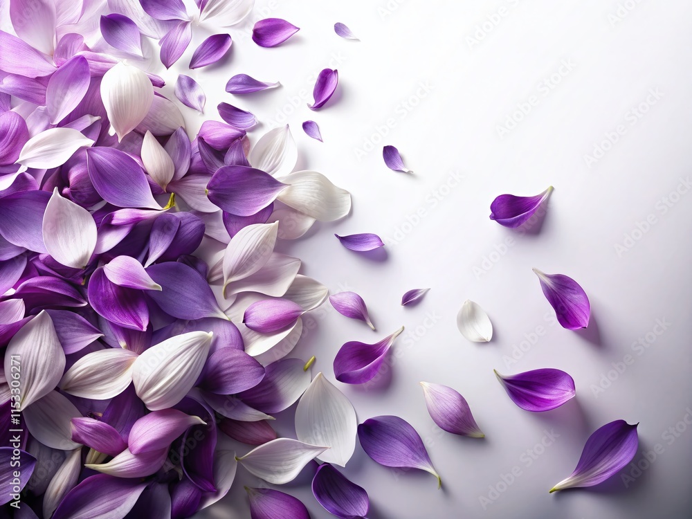 Obraz premium Purple Petals Scattered on White Background - Generative AI Stock Photo