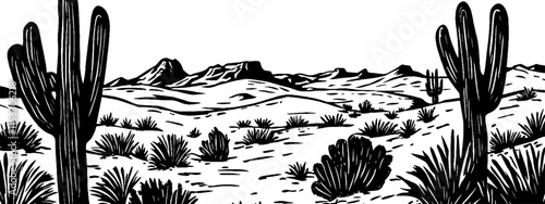 Vintage woodcut depiction of a vast desert landscape featuring cacti and distant mountains