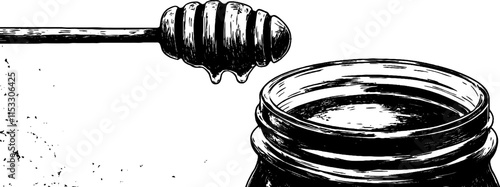 Vintage woodcut illustration depicting a jar of honey and a honey dipper