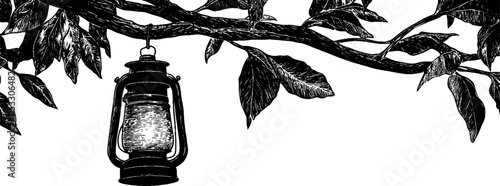 Vintage woodcut illustration of a lantern hanging from a tree branch surrounded by leaves