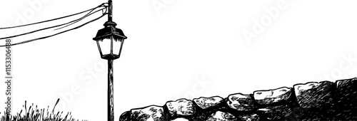 Vintage woodcut illustration featuring a lantern beside a stone wall
