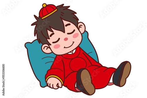 A chinese man fell asleep. Vector illustration in cartoon style.