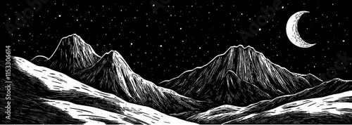 Moonlit night over mountains with stars illuminating a serene landscape