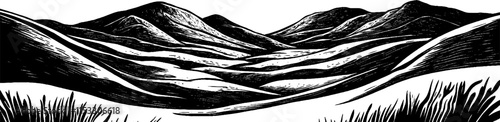 Exploration of a misty valley in a vintage woodcut style illustration showing serene landscapes