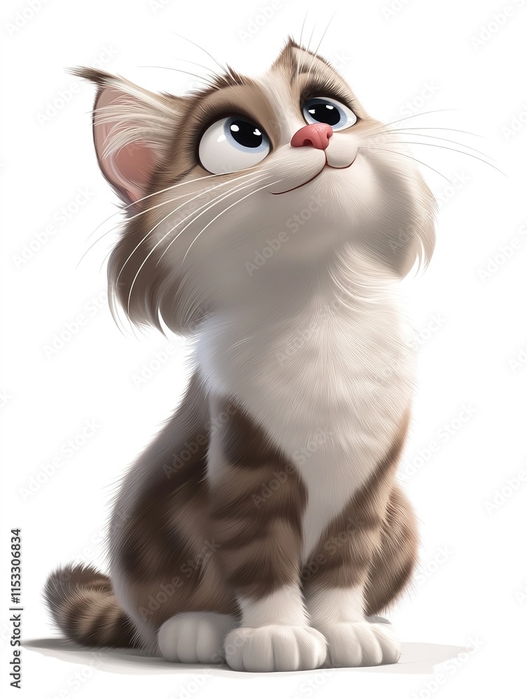 cute cat sitting looking up on a white isolated background in 3D graphic style cute cat sitting looking up on a white isolated background in 3D graphic style