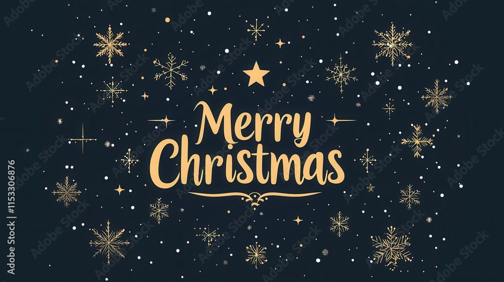 Minimalist Merry Christmas Greeting Card Design with Golden Snowflakes on Dark Background Minimalist Merry Christmas Greeting Card Design with Golden Snowflakes on Dark Background