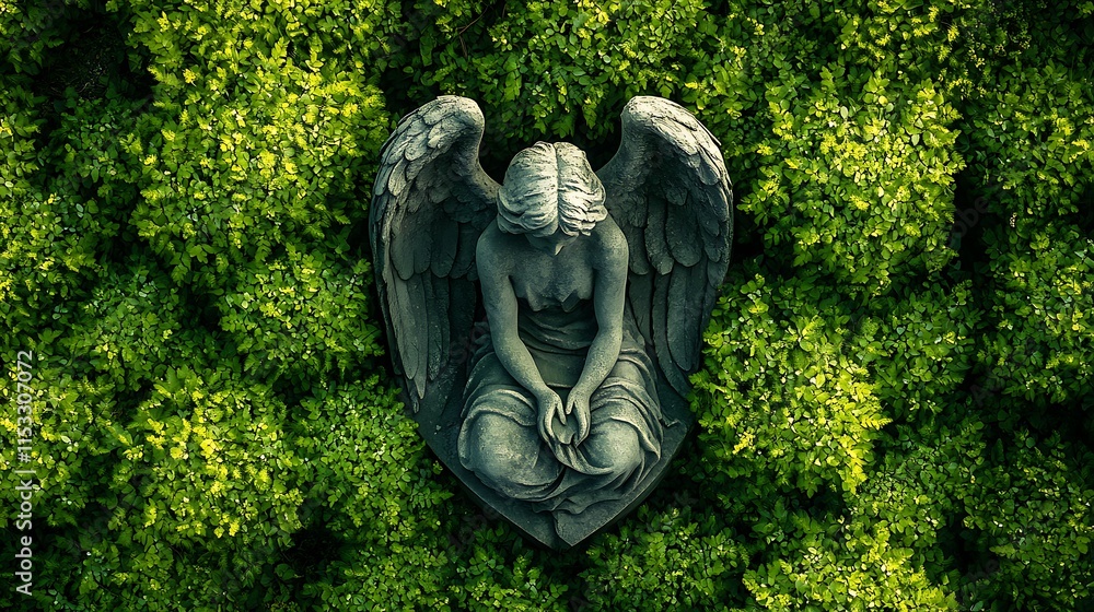 Stone Angel Statue Amidst Lush Green Foliage Stone Angel Statue Amidst Lush Green Foliage