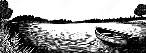 Vintage woodcut illustration capturing a serene lakeside with a lone boat at dusk