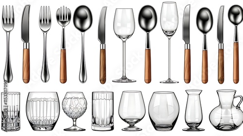 Cutlery and glassware set isolated on white background. photo