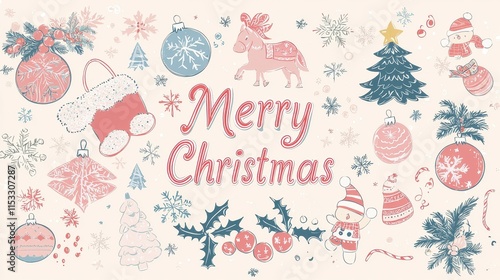 Merry Christmas Pastel Themed Design Featuring Festive Illustrations and Seasonal Decorations