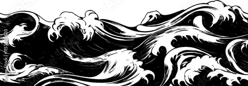 Vintage woodcut illustration capturing the essence of swirling ocean waves in fine detail