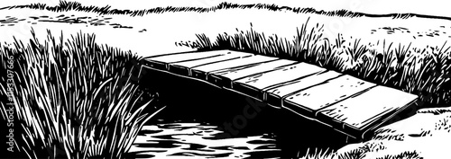 Vintage woodcut illustration depicting a rustic wooden bridge over a tranquil stream