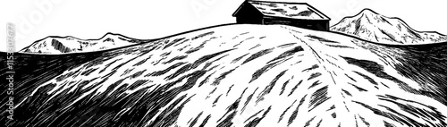 Snow-covered hill with a rustic cabin surrounded by mountains in winter