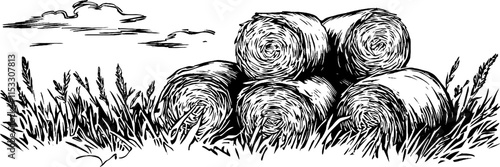 Vintage woodcut illustration of stacked hay bales in a rustic farm setting