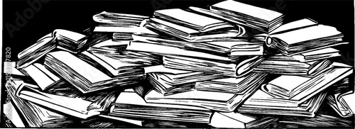 Vintage woodcut illustration showcasing a detailed stack of old books