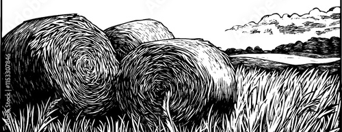 Vintage woodcut illustration capturing hay bales in a rural landscape during harvest season