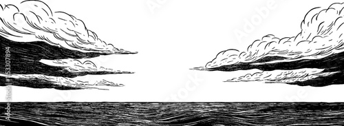 Stormy sky illustrated in vintage woodcut style over serene ocean expanse