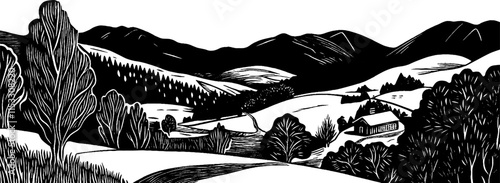 Vintage woodcut illustration depicting a serene village surrounded by hills and forests
